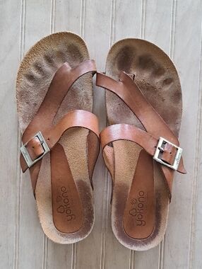 Yokono Ibiza Leather Cross Strap Sandals Brown Buckle Comfort Footbed Barefoot